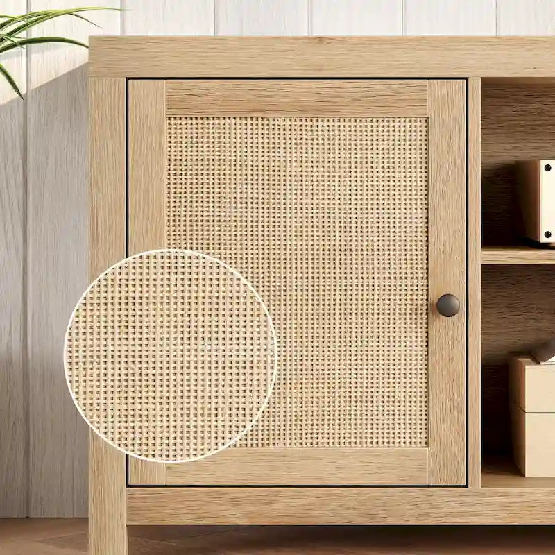 Meuble TV en rotin pour téléviseur de 75 pouces, meuble de divertissement bohème avec rangement et portes