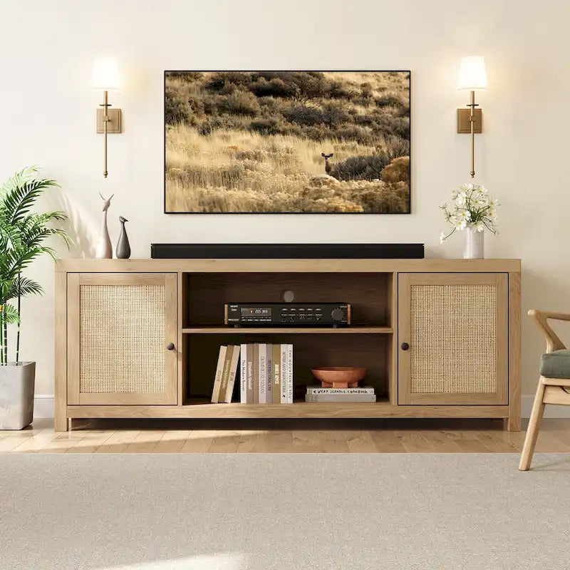 Meuble TV en rotin pour téléviseur de 75 pouces, meuble de divertissement bohème avec rangement et portes