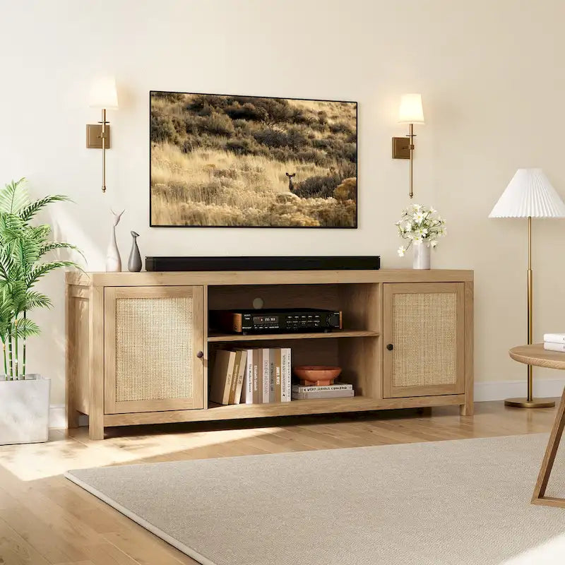 Meuble TV en rotin pour téléviseur de 75 pouces, meuble de divertissement bohème avec rangement et portes