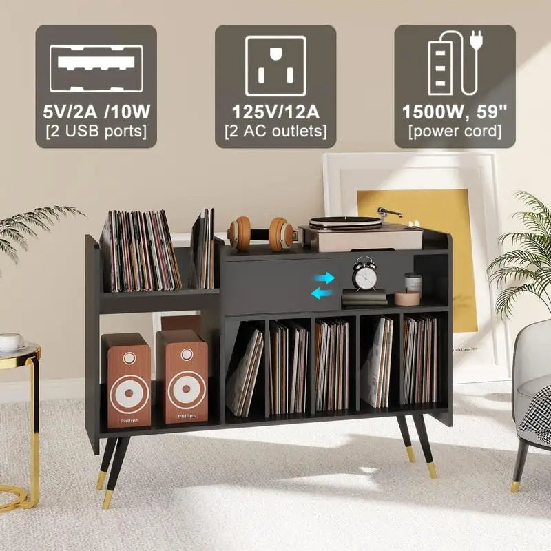 Meuble tourne-disque avec rangement pour vinyles - 35 P x 120 L x 85,5 H cm