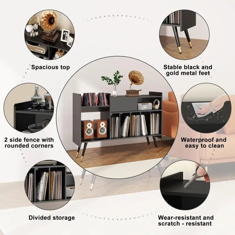 Meuble tourne-disque avec rangement pour vinyles - 35 P x 120 L x 85,5 H cm