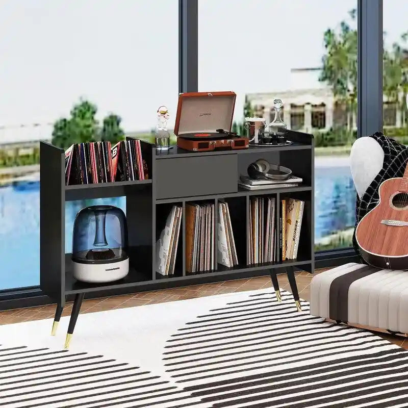Meuble tourne-disque avec rangement pour vinyles - 35 P x 120 L x 85,5 H cm