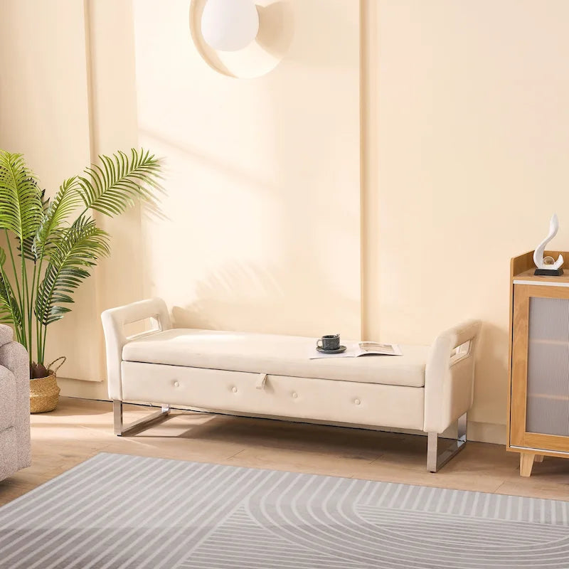 67,91Banc de rangement large en velours doux avec accoudoirs pour salon, entrée et chambre à coucher