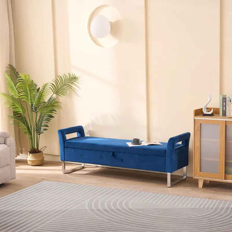 67,91Banc de rangement large en velours doux avec accoudoirs pour salon, entrée et chambre à coucher