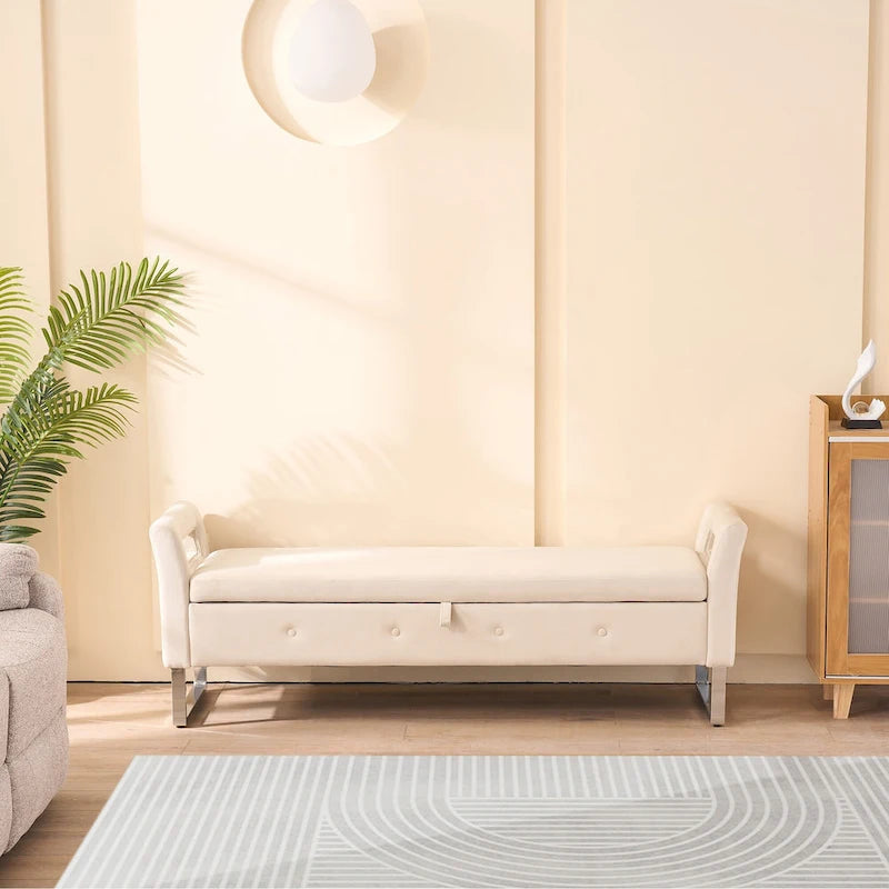 67,91Banc de rangement large en velours doux avec accoudoirs pour salon, entrée et chambre à coucher