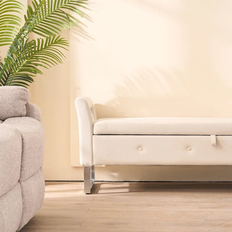 67,91Banc de rangement large en velours doux avec accoudoirs pour salon, entrée et chambre à coucher