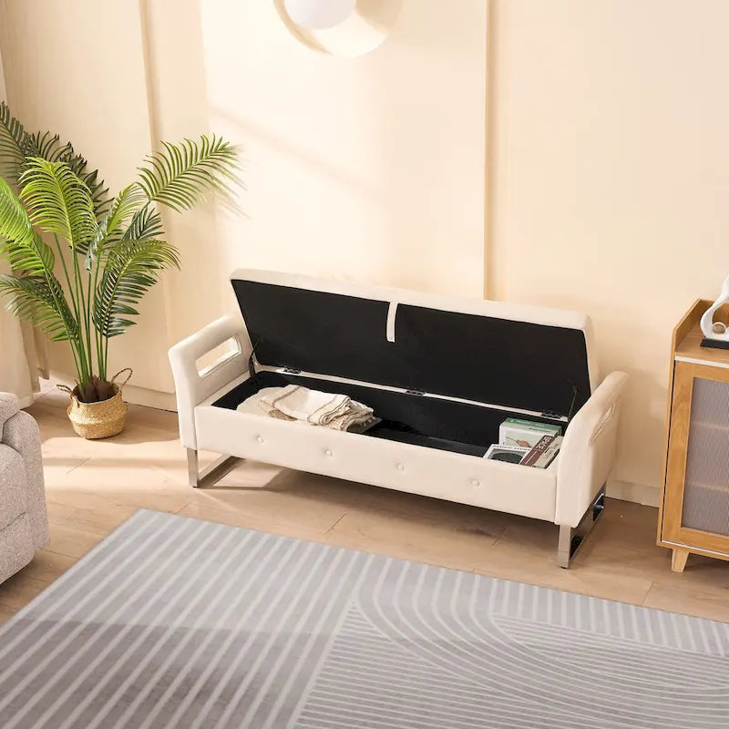 67,91Banc de rangement large en velours doux avec accoudoirs pour salon, entrée et chambre à coucher