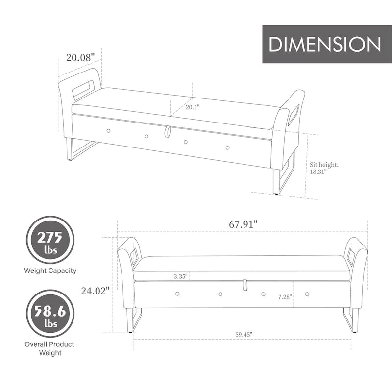 67,91Banc de rangement large en velours doux avec accoudoirs pour salon, entrée et chambre à coucher