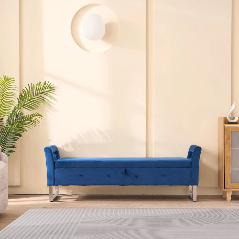 67,91Banc de rangement large en velours doux avec accoudoirs pour salon, entrée et chambre à coucher