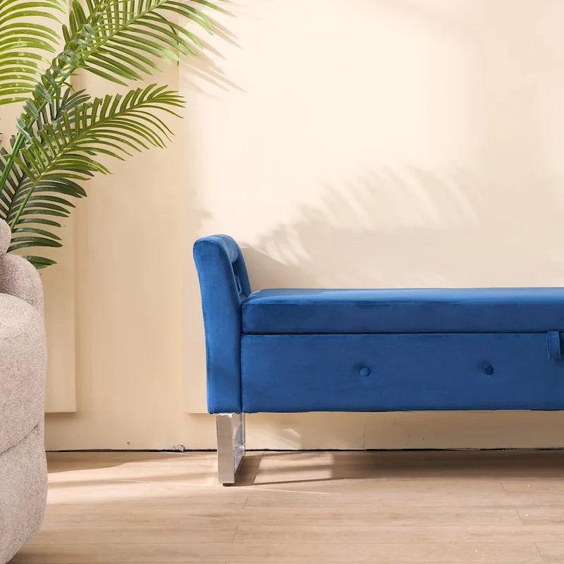 67,91Banc de rangement large en velours doux avec accoudoirs pour salon, entrée et chambre à coucher