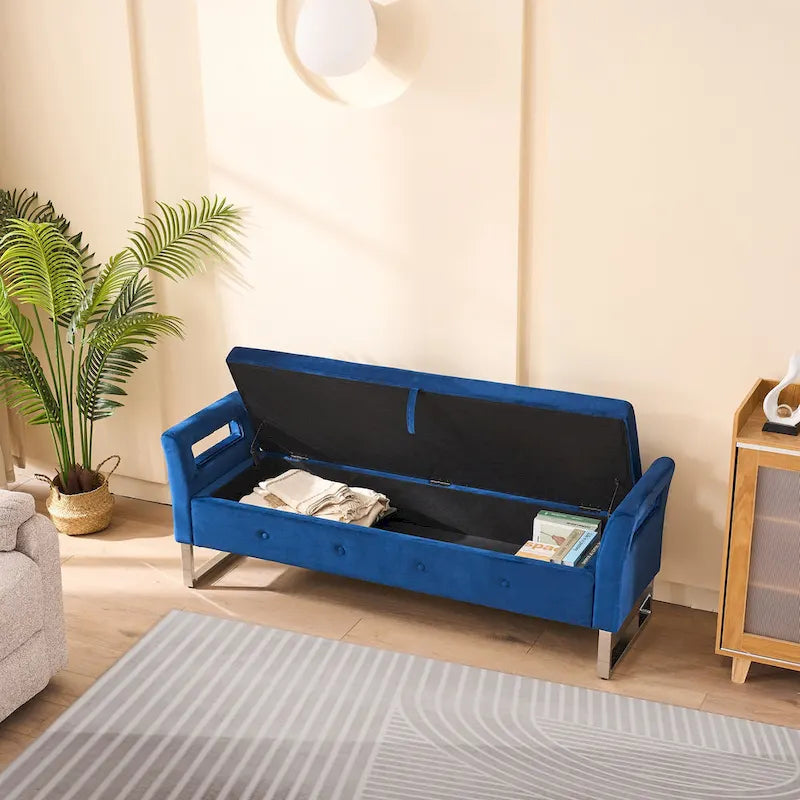 67,91Banc de rangement large en velours doux avec accoudoirs pour salon, entrée et chambre à coucher
