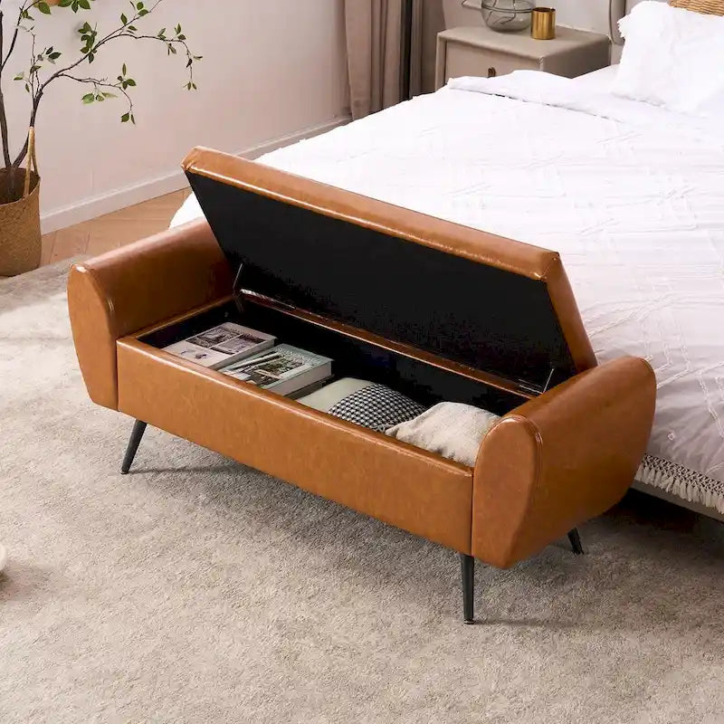 Banc de rangement capitonné 56W avec couvercle rabattable et accoudoirs