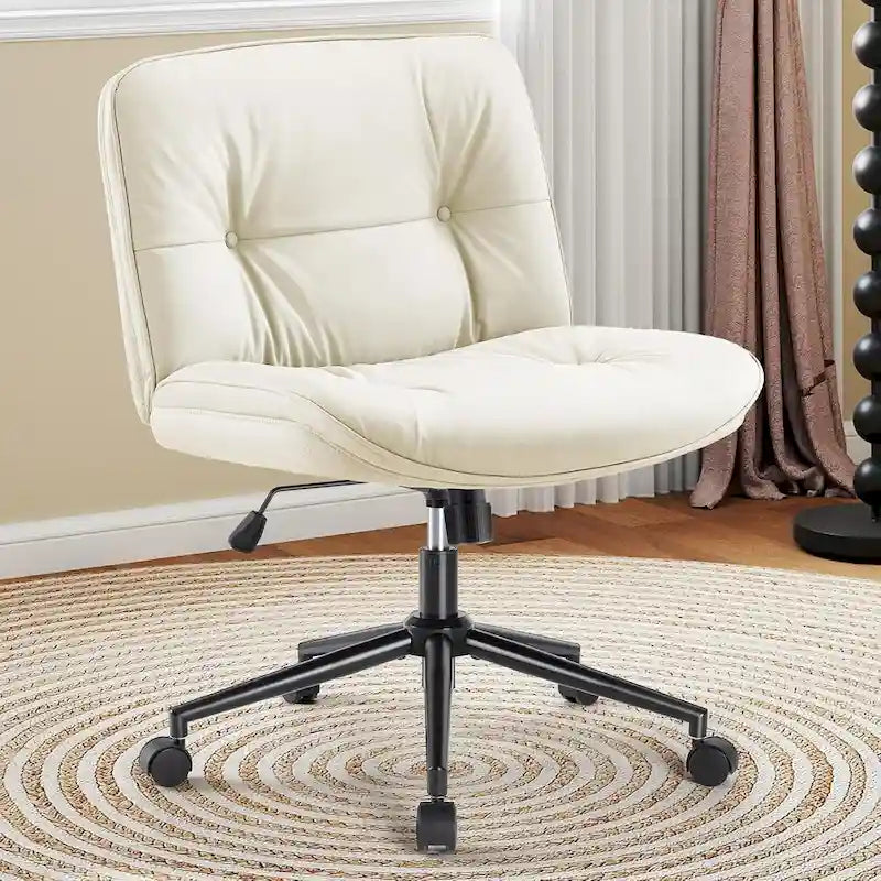 Chaise Criss Cross à roulettes, Siège de bureau à domicile en cuir PU sans accoudoirs larges et pieds, Siège de vanité ergonomique roulant et confortable