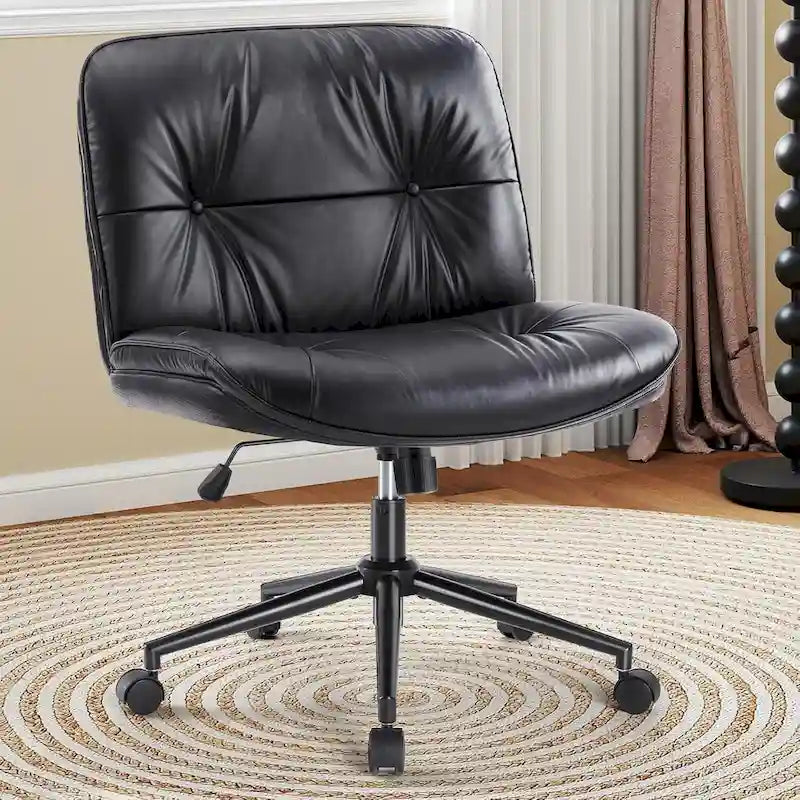 Chaise Criss Cross à roulettes, Siège de bureau à domicile en cuir PU sans accoudoirs larges et pieds, Siège de vanité ergonomique roulant et confortable
