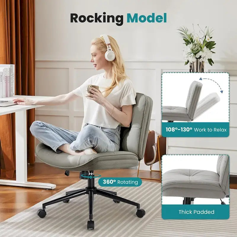 Chaise Criss Cross à roulettes, Siège de bureau à domicile en cuir PU sans accoudoirs larges et pieds, Siège de vanité ergonomique roulant et confortable