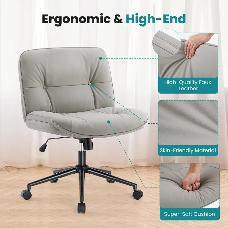 Chaise Criss Cross à roulettes, Siège de bureau à domicile en cuir PU sans accoudoirs larges et pieds, Siège de vanité ergonomique roulant et confortable