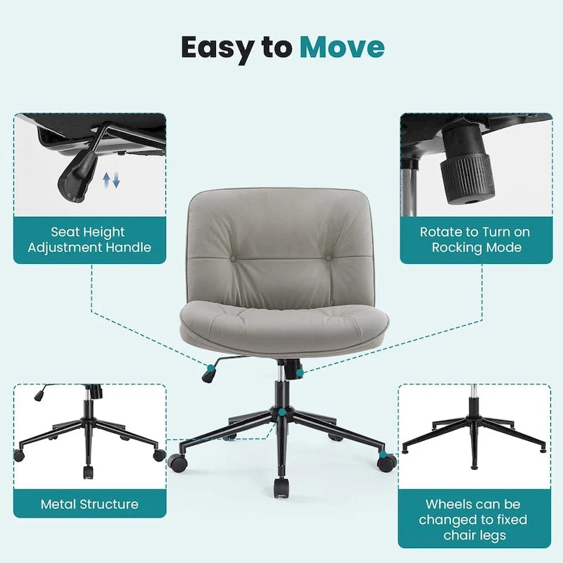 Chaise Criss Cross à roulettes, Siège de bureau à domicile en cuir PU sans accoudoirs larges et pieds, Siège de vanité ergonomique roulant et confortable