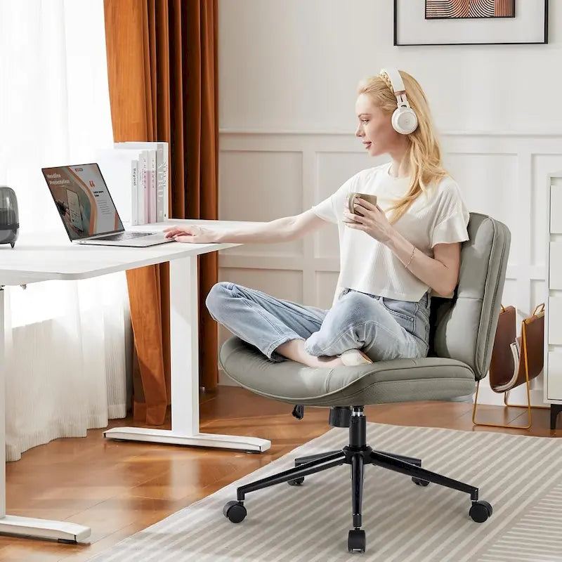 Chaise Criss Cross à roulettes, Siège de bureau à domicile en cuir PU sans accoudoirs larges et pieds, Siège de vanité ergonomique roulant et confortable