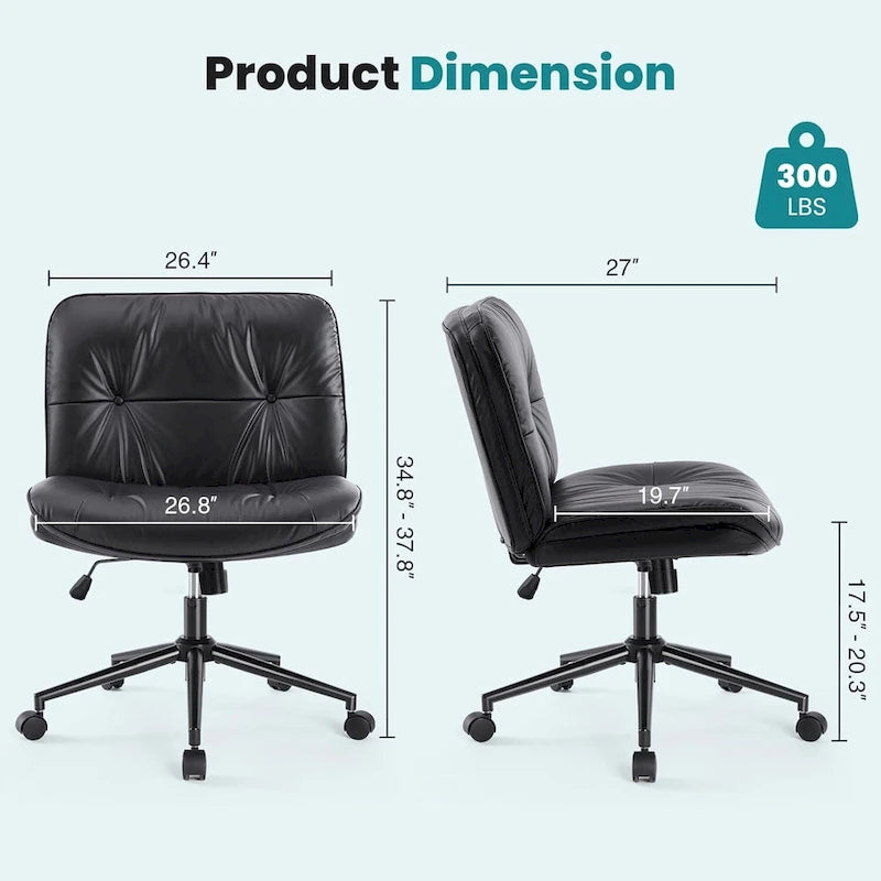 Chaise Criss Cross à roulettes, Siège de bureau à domicile en cuir PU sans accoudoirs larges et pieds, Siège de vanité ergonomique roulant et confortable