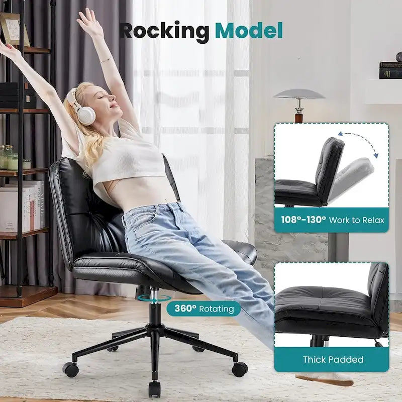 Chaise Criss Cross à roulettes, Siège de bureau à domicile en cuir PU sans accoudoirs larges et pieds, Siège de vanité ergonomique roulant et confortable
