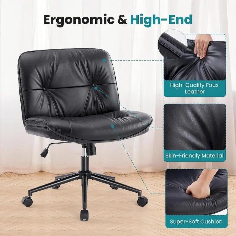 Chaise Criss Cross à roulettes, Siège de bureau à domicile en cuir PU sans accoudoirs larges et pieds, Siège de vanité ergonomique roulant et confortable