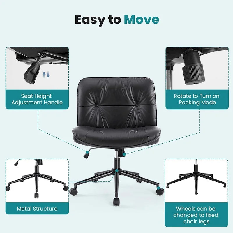 Chaise Criss Cross à roulettes, Siège de bureau à domicile en cuir PU sans accoudoirs larges et pieds, Siège de vanité ergonomique roulant et confortable