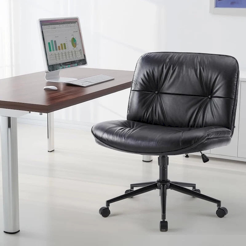 Chaise Criss Cross à roulettes, Siège de bureau à domicile en cuir PU sans accoudoirs larges et pieds, Siège de vanité ergonomique roulant et confortable
