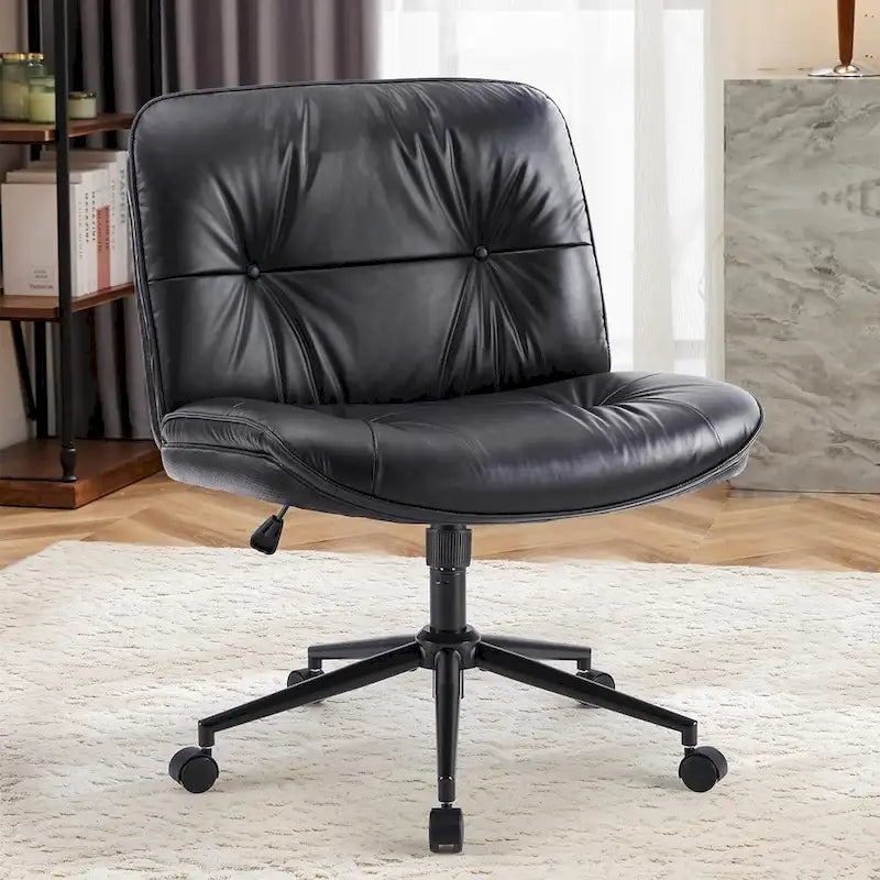 Chaise Criss Cross à roulettes, Siège de bureau à domicile en cuir PU sans accoudoirs larges et pieds, Siège de vanité ergonomique roulant et confortable