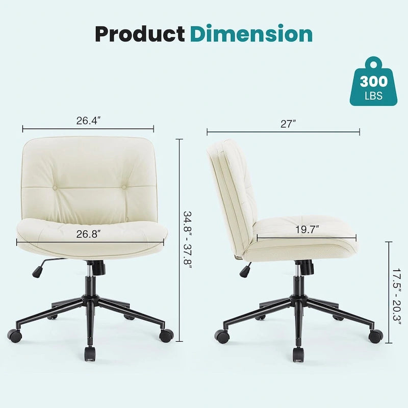 Chaise Criss Cross à roulettes, Siège de bureau à domicile en cuir PU sans accoudoirs larges et pieds, Siège de vanité ergonomique roulant et confortable