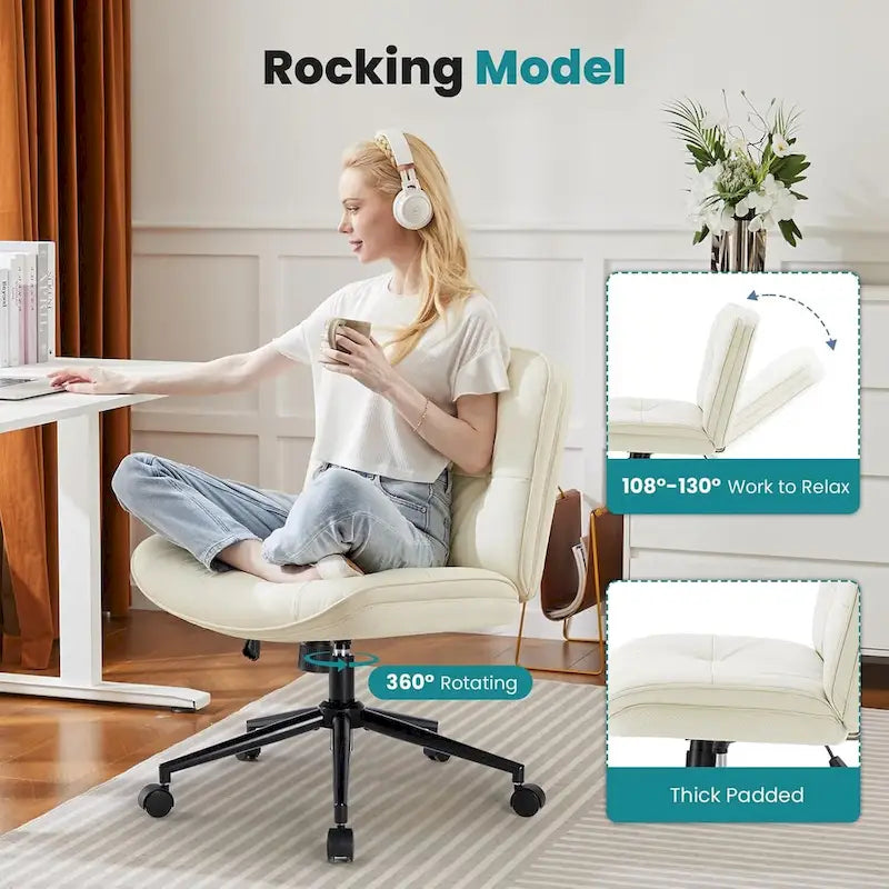 Chaise Criss Cross à roulettes, Siège de bureau à domicile en cuir PU sans accoudoirs larges et pieds, Siège de vanité ergonomique roulant et confortable