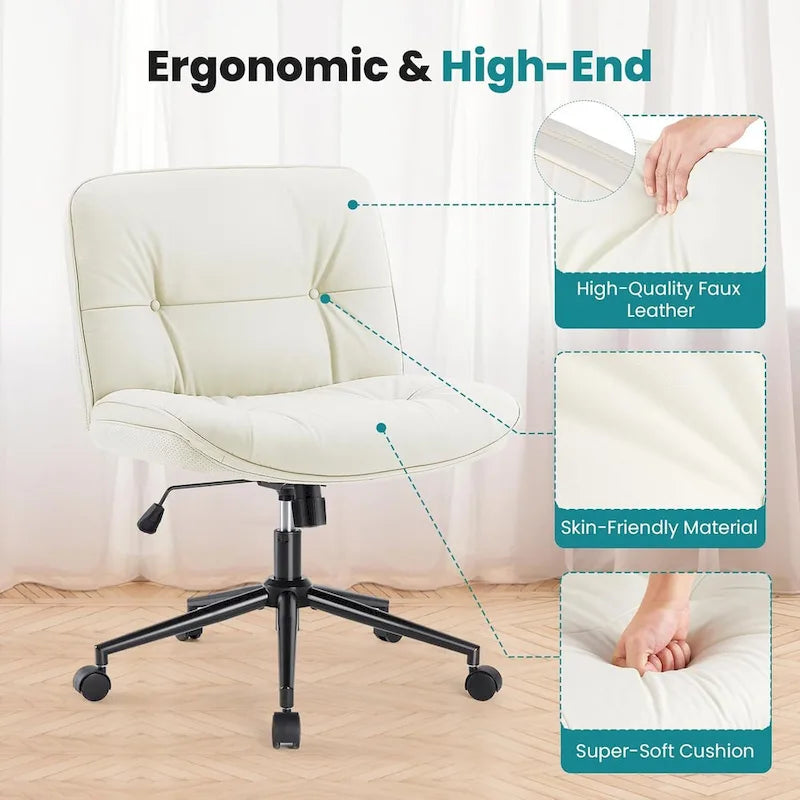 Chaise Criss Cross à roulettes, Siège de bureau à domicile en cuir PU sans accoudoirs larges et pieds, Siège de vanité ergonomique roulant et confortable