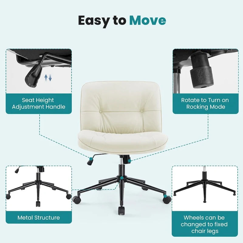 Chaise Criss Cross à roulettes, Siège de bureau à domicile en cuir PU sans accoudoirs larges et pieds, Siège de vanité ergonomique roulant et confortable