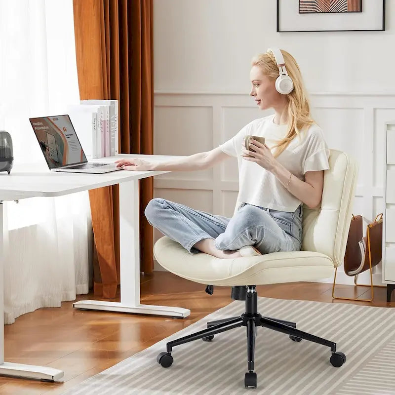 Chaise Criss Cross à roulettes, Siège de bureau à domicile en cuir PU sans accoudoirs larges et pieds, Siège de vanité ergonomique roulant et confortable