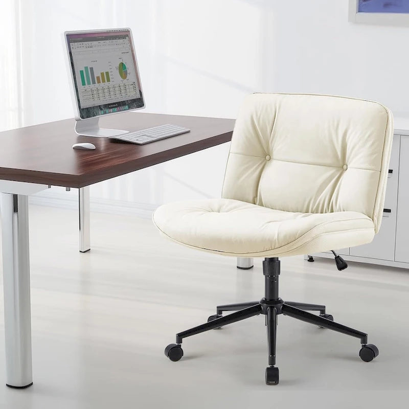 Chaise Criss Cross à roulettes, Siège de bureau à domicile en cuir PU sans accoudoirs larges et pieds, Siège de vanité ergonomique roulant et confortable