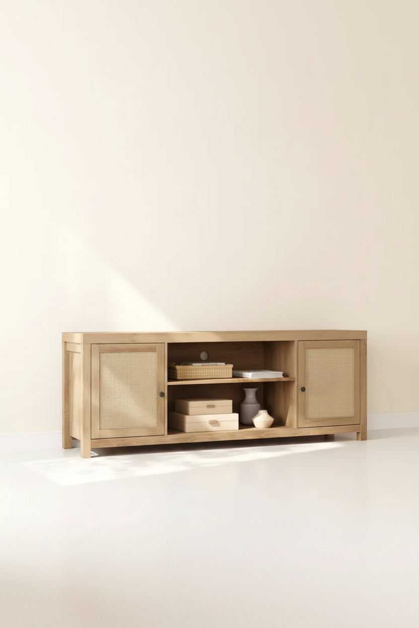 Meuble TV en rotin pour téléviseur de 65 pouces, meuble de divertissement bohème avec rangements et portes - 65 pouces
