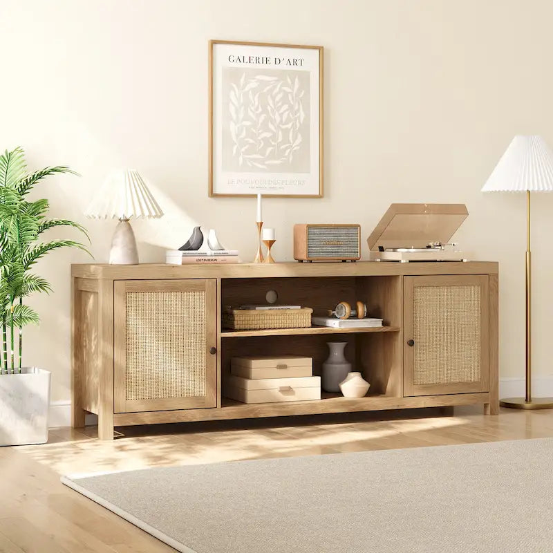 Rattan TV Stand for 65 Inch, Boho Entertainment Center with Storage and Doors - 65 inches