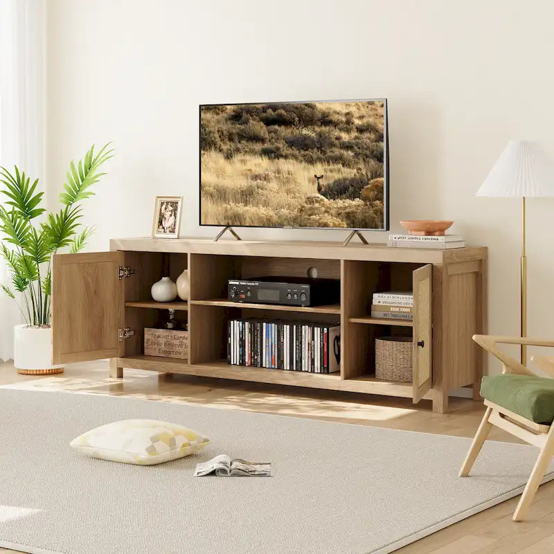 Meuble TV en rotin pour téléviseur de 65 pouces, meuble de divertissement bohème avec rangements et portes - 65 pouces