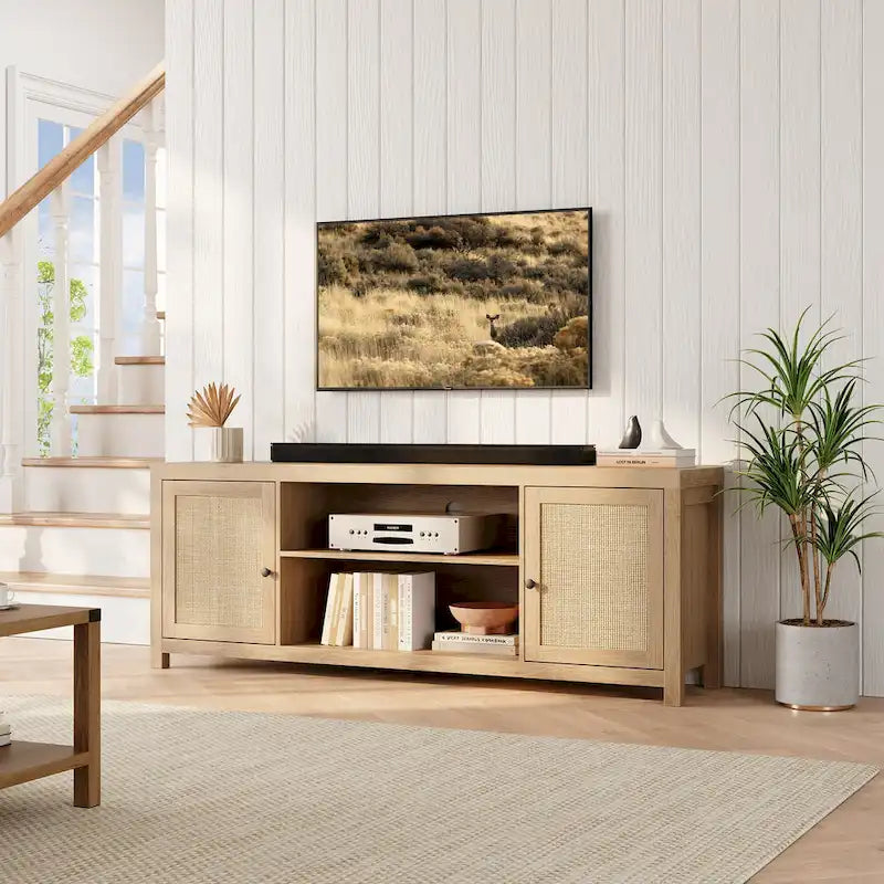 Meuble TV en rotin pour téléviseur de 65 pouces, meuble de divertissement bohème avec rangements et portes - 65 pouces