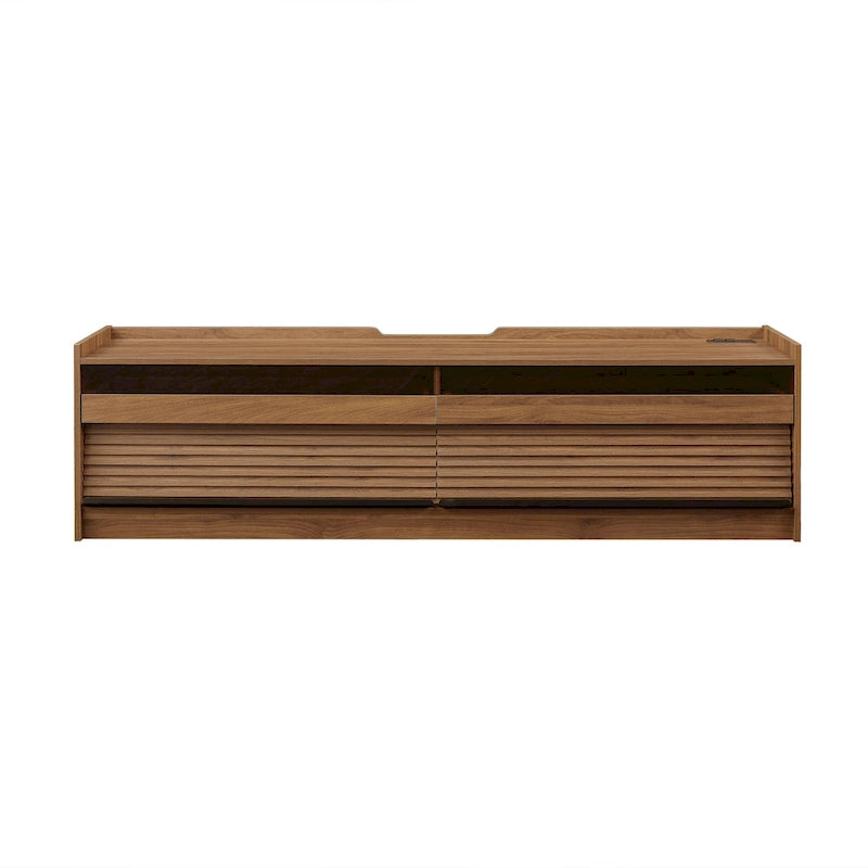 Meuble TV moderne avec tiroirs et ports de charge intégrés et éclairage LED d'ambiance