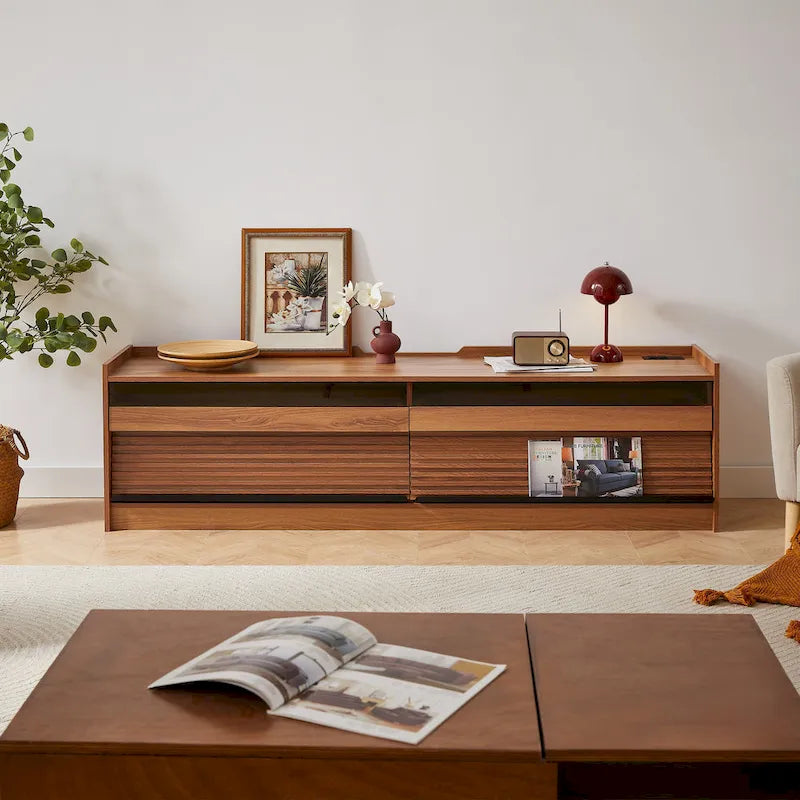 Meuble TV moderne avec tiroirs et ports de charge intégrés et éclairage LED d'ambiance