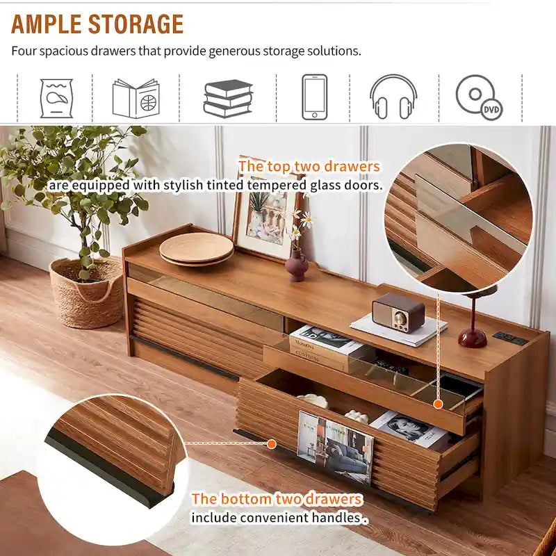 Meuble TV moderne avec tiroirs et ports de charge intégrés et éclairage LED d'ambiance