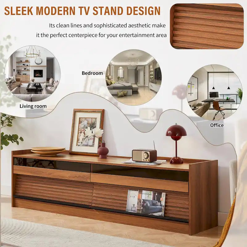 Meuble TV moderne avec tiroirs et ports de charge intégrés et éclairage LED d'ambiance