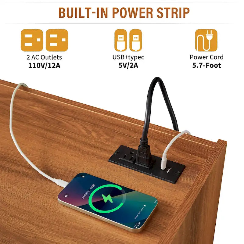 Meuble TV moderne avec tiroirs et ports de charge intégrés et éclairage LED d'ambiance