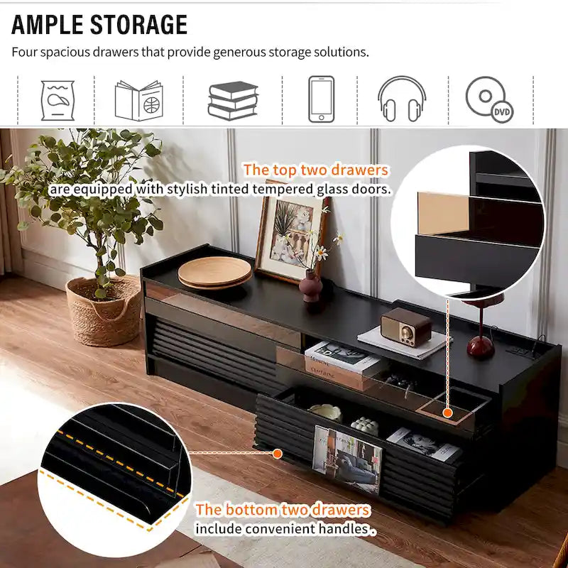 Meuble TV moderne avec tiroirs et ports de charge intégrés et éclairage LED d'ambiance