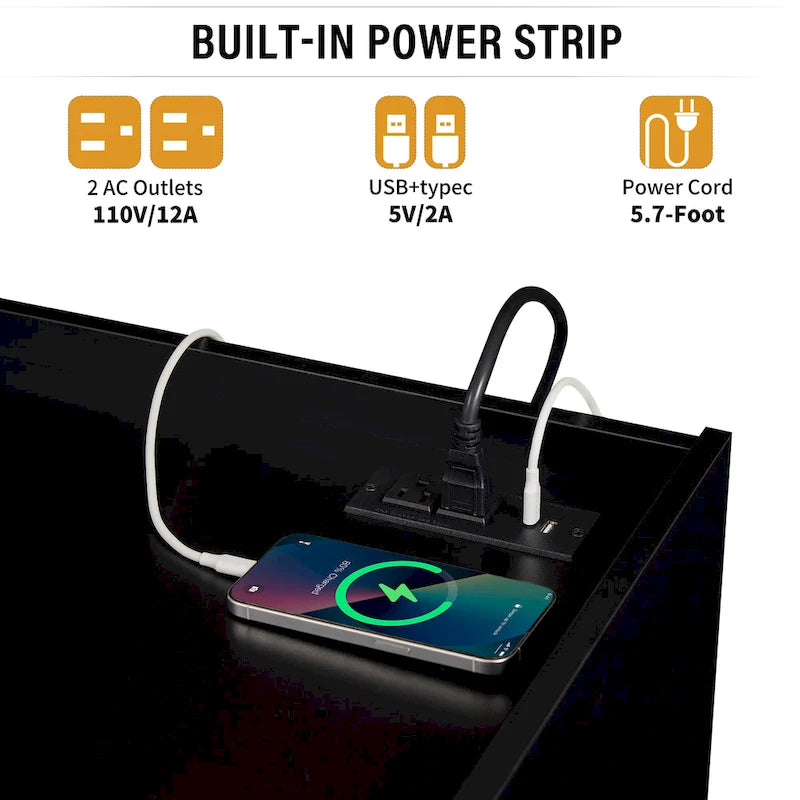 Meuble TV moderne avec tiroirs et ports de charge intégrés et éclairage LED d'ambiance