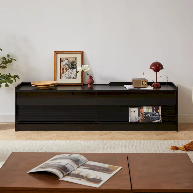 Meuble TV moderne avec tiroirs et ports de charge intégrés et éclairage LED d'ambiance