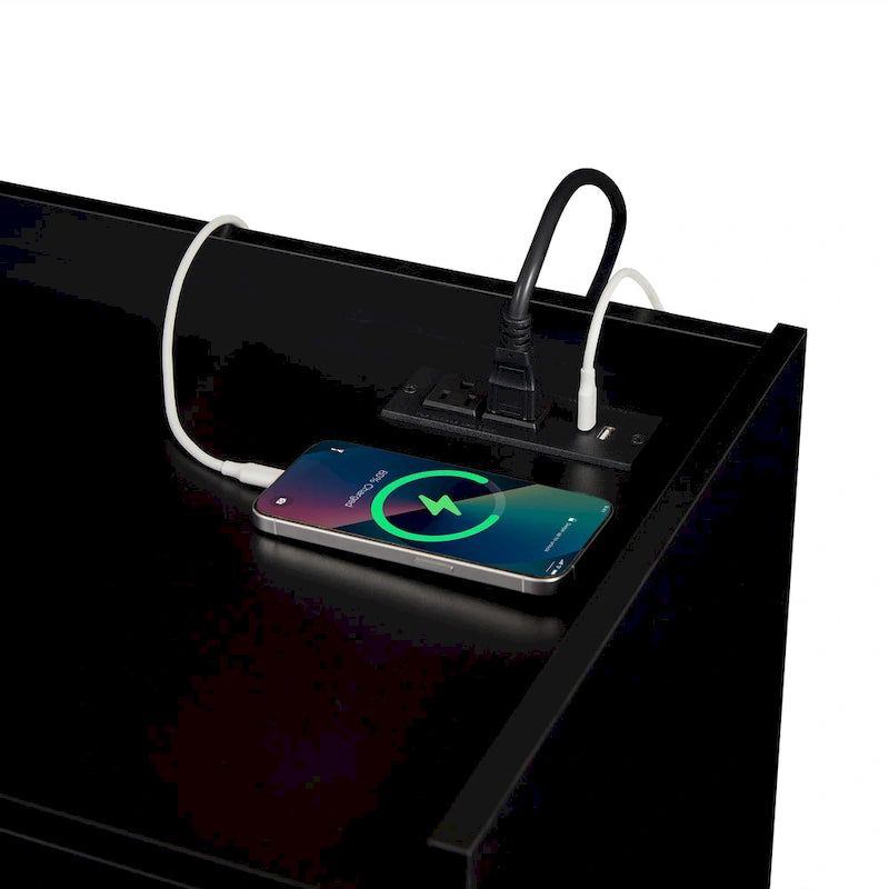 Meuble TV moderne avec tiroirs et ports de charge intégrés et éclairage LED d'ambiance