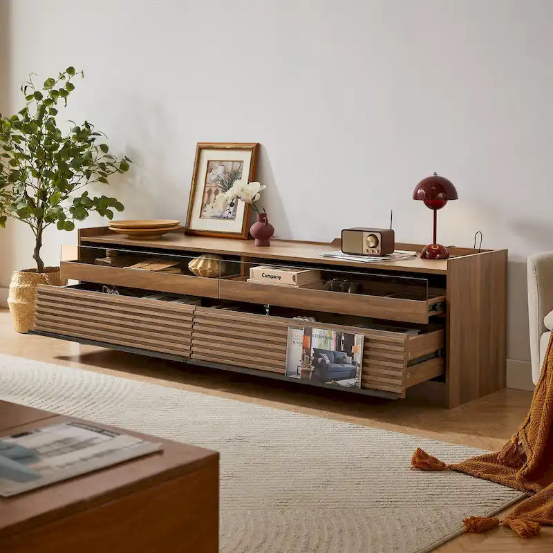 Meuble TV moderne avec tiroirs et ports de charge intégrés et éclairage LED d'ambiance