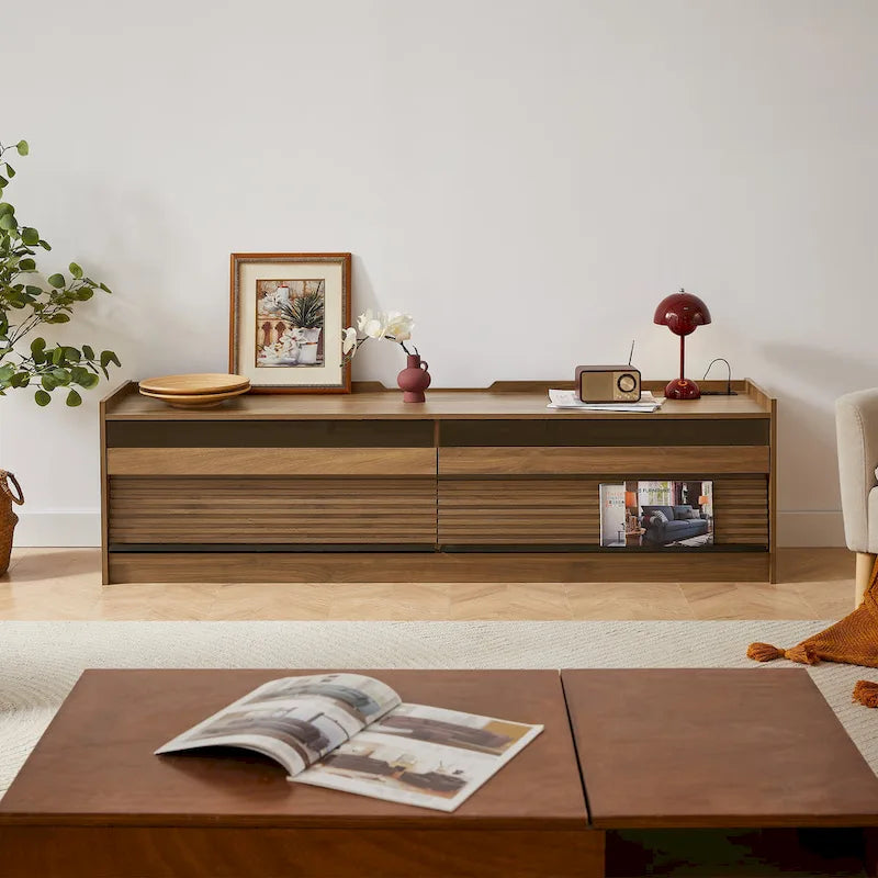 Meuble TV moderne avec tiroirs et ports de charge intégrés et éclairage LED d'ambiance