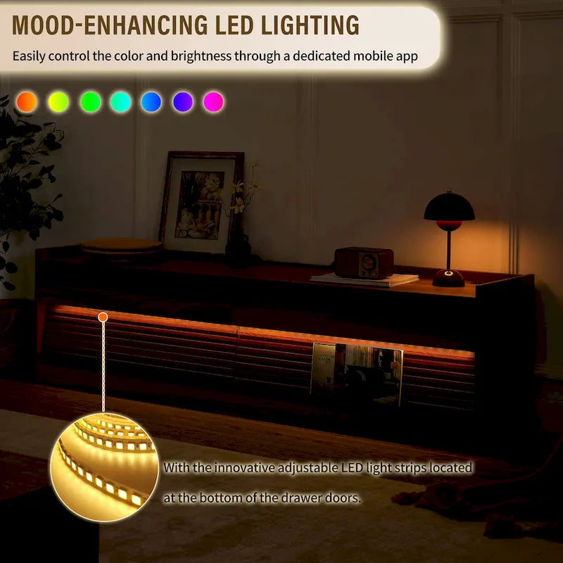 Meuble TV moderne avec tiroirs et ports de charge intégrés et éclairage LED d'ambiance